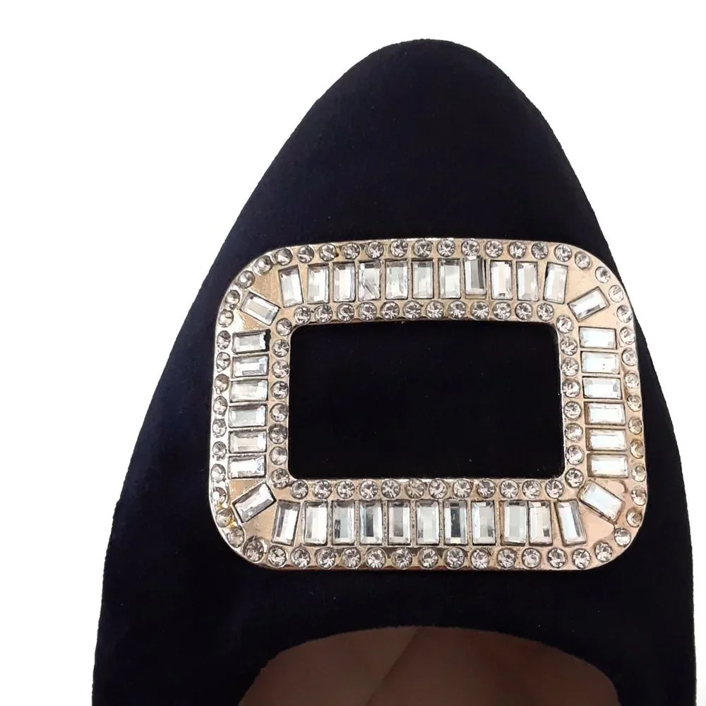 Black Velvet Rhinestone Buckle Pointed Toe Ballet Flats - Picture 10 of 15